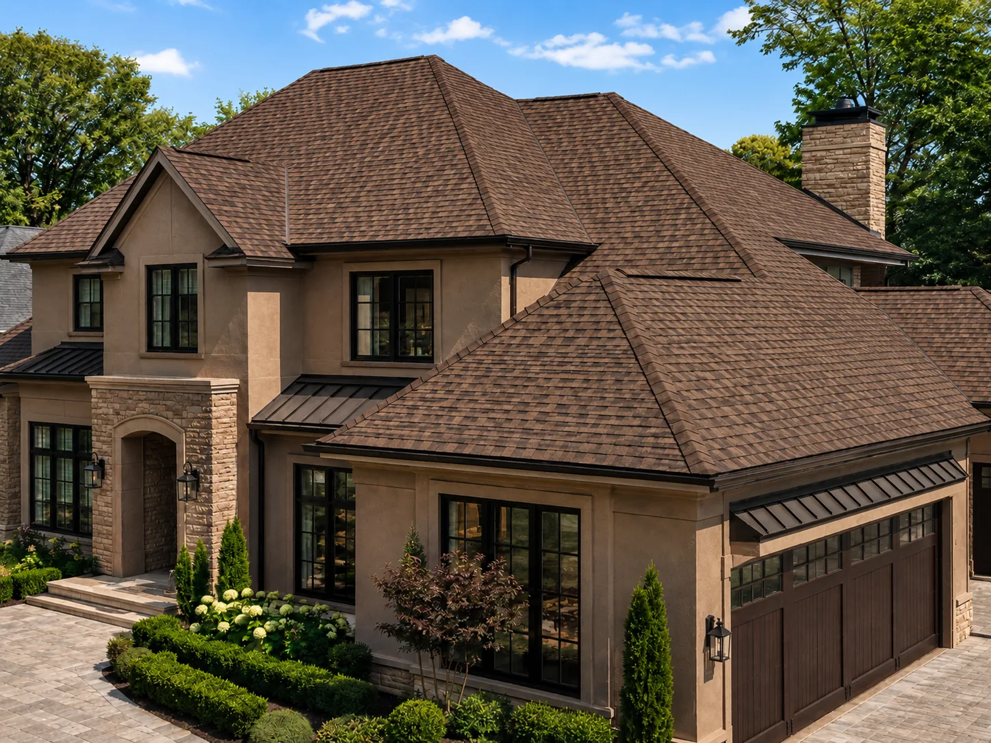 Designer brown shingle roofing installation