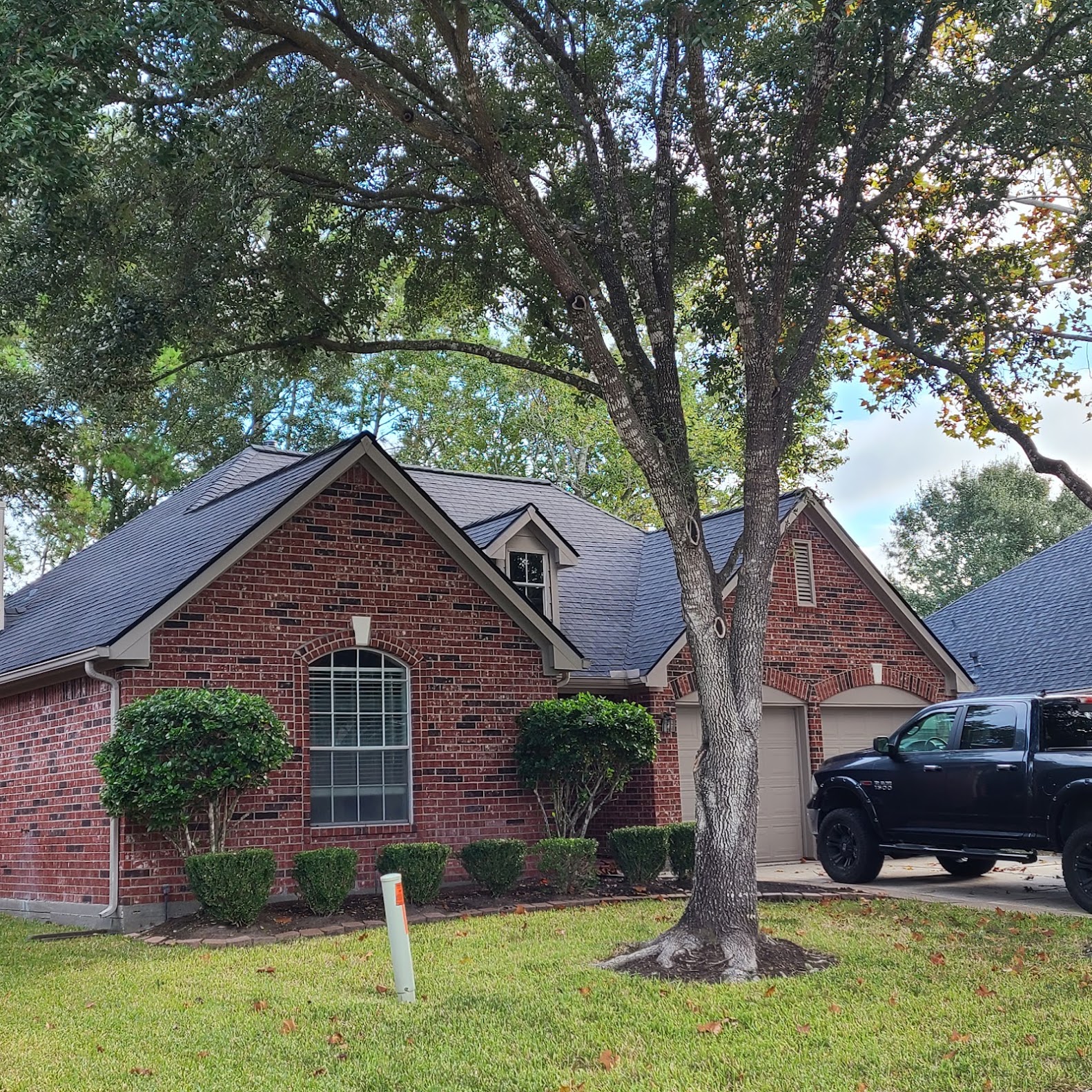 Completed residential shingle roof on brick home with mature oak tree