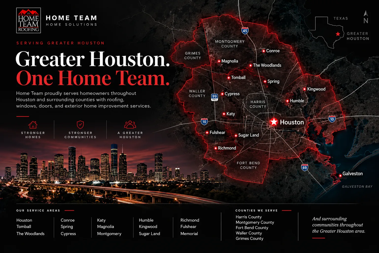 Home Team service area map — Greater Houston, Harris, Montgomery, Fort Bend, Waller, and Grimes counties
